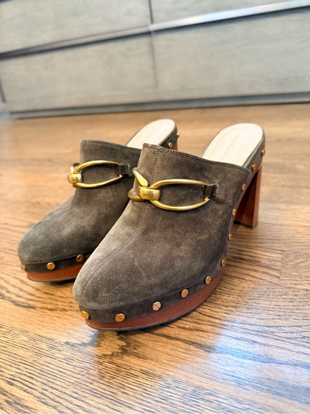 Veronica Beard Chunky Suede Mule with Gold Hardware - Brown - Picture 1 of 5